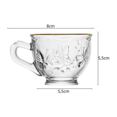 Cj 6 Xícaras de Chá com Píres New Butterfly Fio Ouro 80ml Cristal Ecologico Café Elegante
