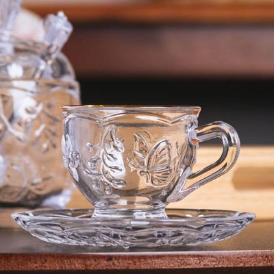 Cj 6 Xícaras de Chá com Píres New Butterfly Fio Ouro 80ml Cristal Ecologico Café Elegante