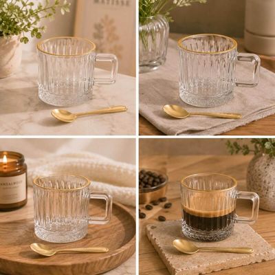 Jogo 12 Pçs Xícaras de Café Vidro 90ml Colheres Inox Dourado Lyor Recepção Atendimento