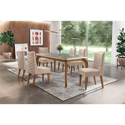 Sala De Jantar Liz 180 Tampo MDF Com Vidro Canto Reto 6 Cadeiras Safira Rufato Veludo Creme/Off White/Imbuia/Serig. Off