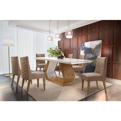 Sala de Jantar Lara 180cm em MDF e Vidro com 6 Cadeiras Safira Anima. Choc./Off White /Imbuia/Serig. Of