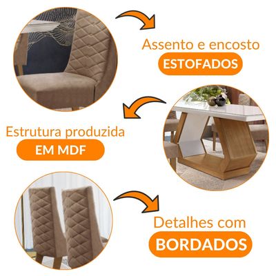 Sala de Jantar Lara 180cm em MDF e Vidro com 6 Cadeiras Safira Anima. Choc./Off White /Imbuia/Serig. Of