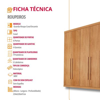 Guarda Roupa Casal Encanto 100% MDF 6 Portas e 4 Gavetas Rufato Naturalle
