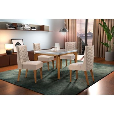 Sala De Jantar Liz 120cm MDF com Vidro 4 Cadeiras Safira Rufato Veludo Creme/Off White/Imbuia/Serig. Off