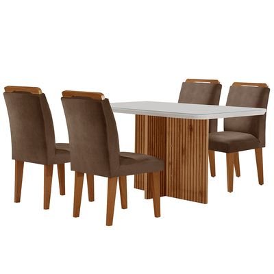 Sala de Jantar Mesa Olímpia 120CM MDF Vidro Canto Copo com 4 Cadeiras Athenas Moderna Marrom, Off White e Imbuia