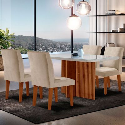 Sala de Jantar Mesa Olimpia 120 MDF Vidro Canto Copo com 4 Cadeiras Grecia Creme/Off White/Imbuia Ripado