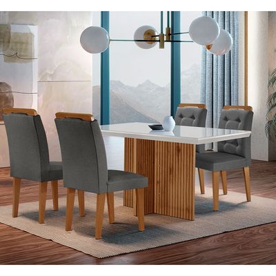 Sala de Jantar Mesa Olímpia 120CM MDF Vidro Canto Reto com 4 Cadeiras Carol Moderna Grafite, Off White e Imbuia