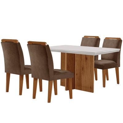 Sala de Jantar Mesa Olimpia 120CM MDF Vidro Canto Reto com 4 Cadeiras Athenas Moderna Marrom, Off White e Imbuia
