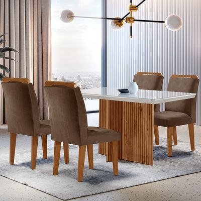 Sala de Jantar Mesa Olimpia 120CM MDF Vidro Canto Reto com 4 Cadeiras Athenas Moderna Marrom, Off White e Imbuia