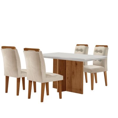 Sala de Jantar Mesa Olímpia 120CM MDF Vidro Canto Reto com 4 Cadeiras Carol Moderna Creme, Off White e Imbuia