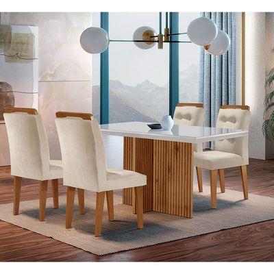 Sala de Jantar Mesa Olímpia 120CM MDF Vidro Canto Reto com 4 Cadeiras Carol Moderna Creme, Off White e Imbuia