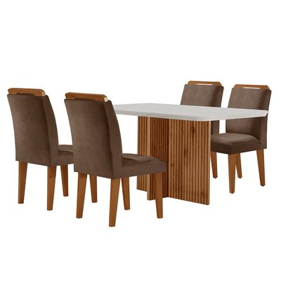 Sala de Jantar Mesa Olímpia 120CM MDF Canto Copo com 4 Cadeiras Athenas Moderna Marrom, Off White e Imbuia