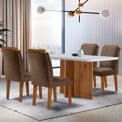 Sala de Jantar Mesa Olímpia 120CM MDF Canto Copo com 4 Cadeiras Athenas Moderna Marrom, Off White e Imbuia
