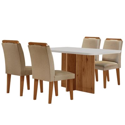 Sala de Jantar Mesa Olímpia 120CM MDF Canto Copo com 4 Cadeiras Athenas Moderna Turim / Off White / Imbuia