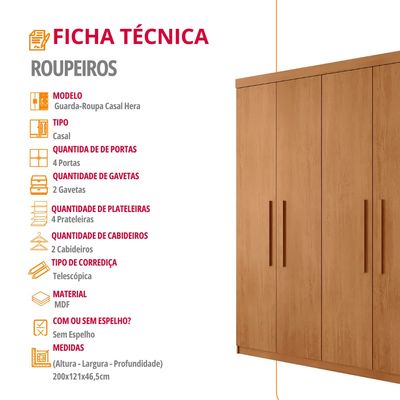 Guarda Roupa Solteiro Hera 4 Portas MDF Rufato Naturalle