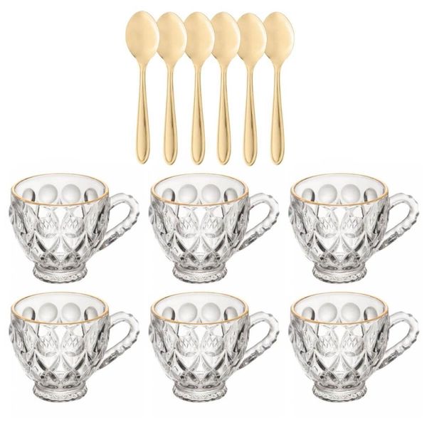 Jogo 12 Pçs Xícaras de Café 80ml e Colherinhas Inox Dourado Lyor Atendimento Recepção