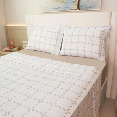 Jogo de Cama Duplo KazzaVip Queen Percal 100% Algodão 200 Fios Supra Cosmos 4 Peças Cafe com Leite