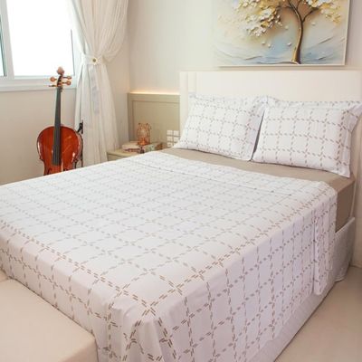 Jogo de Cama Duplo KazzaVip Queen Percal 100% Algodão 200 Fios Supra Cosmos 4 Peças Cafe com Leite