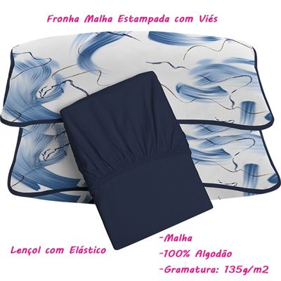Jogo de Lençol KazzaVip King Malha 100% Algodão Zeus 3 peças Linha Premium Marinho