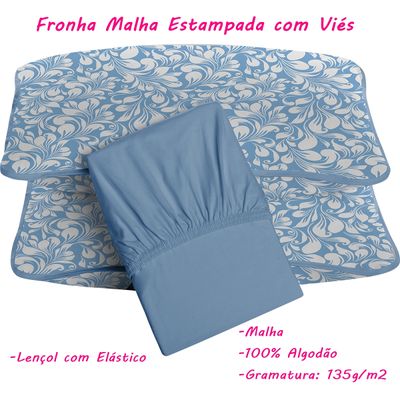 Jogo de Lençol KazzaVip Queen Malha 100% Algodão Patrícia 3 peças Linha Premium Azul