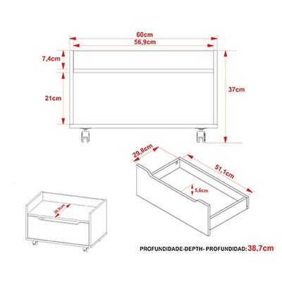 Gabinete Banheiro Suspenso c/Rodizio BN3647 s/ Cuba c/1 Gaveta 60cm Amêndoa/Branco Tecno Mobili