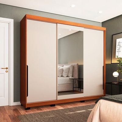 Guarda-Roupa Casal com Espelho Madrid 3 Portas 2 Gavetas Freijó e Creme