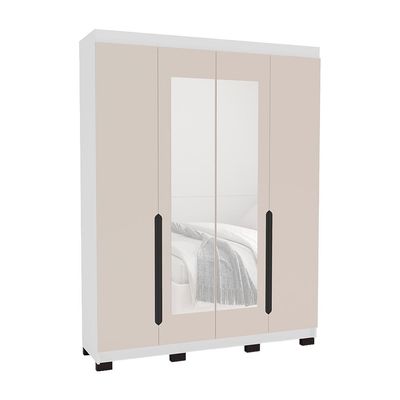 Guarda-Roupa Solteiro com Espelho Madrid 4 Portas 4 Gavetas Branco e Creme