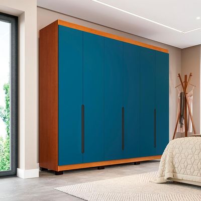 Guarda-Roupa Casal Madrid 6 Portas 4 Gavetas Freijó e Azul