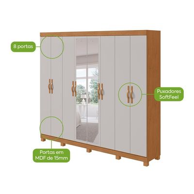 Guarda-Roupa Casal com Espelho e Pés Serenata 8 Portas 6 Gavetas Amêndoa Clean e Off White