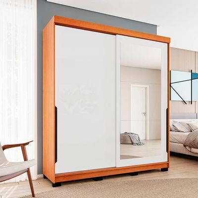 Guarda-Roupa Casal com Espelho Madrid 2 Portas 2 Gavetas Freijó e Branco