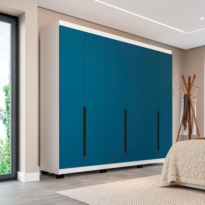 Guarda-Roupa Casal Madrid 6 Portas 4 Gavetas Branco e Azul