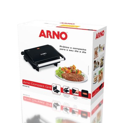 Grill Elétrico Arno Compact Uno GPTO Grelha Antiaderente Trava Lateral Preto Inox / 110