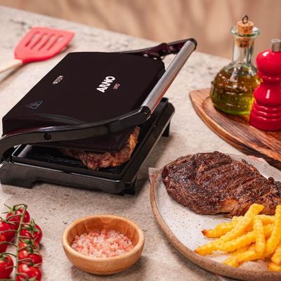Grill Elétrico Arno Compact Uno GPTO Grelha Antiaderente Trava Lateral Preto Inox / 220