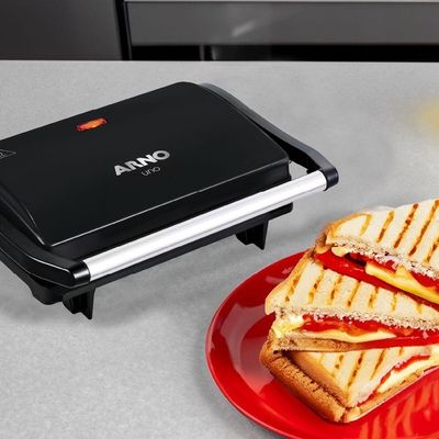 Grill Elétrico Arno Compact Uno GPTO Grelha Antiaderente Trava Lateral Preto Inox / 220