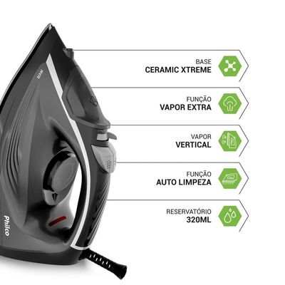 Ferro a Vapor Philco PFV70 Base Ceramic Xtreme Vapor Vertical 92 Saídas de Vapor preto / 110