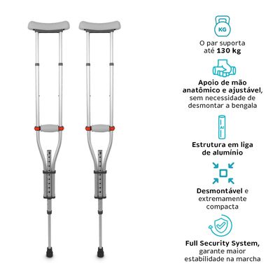 Par de Muleta Axilar D7 Universal em Alumínio até 65 Kg (02 unidades) unico / Cinza