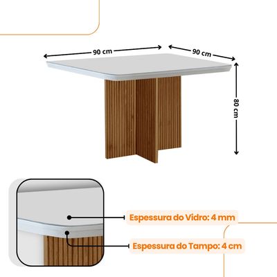 Sala de Jantar Mesa 90cm Olímpia em MDF com Vidro Canto Copo 4 Cadeiras Carol Moderna Mobília Veludo Creme/Off White/Imbuia