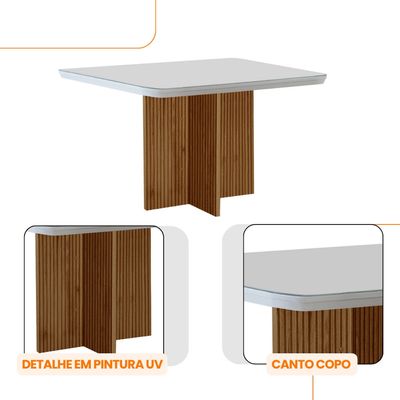 Sala de Jantar Mesa 90cm Olímpia em MDF com Vidro Canto Copo 4 Cadeiras Carol Moderna Mobília Veludo Creme/Off White/Imbuia