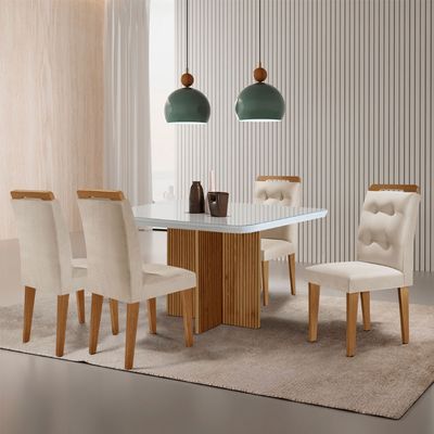 Sala de Jantar Mesa 90cm Olímpia em MDF com Vidro Canto Copo 4 Cadeiras Carol Moderna Mobília Veludo Creme/Off White/Imbuia