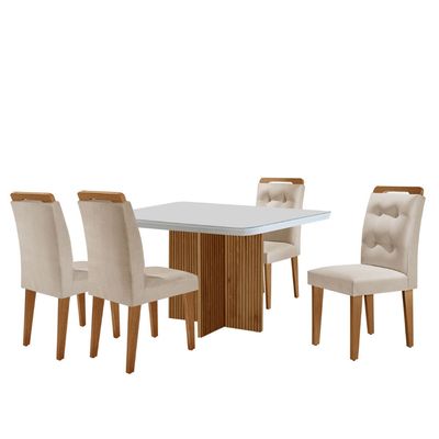 Sala de Jantar Mesa 90cm Olímpia em MDF com Vidro Canto Copo 4 Cadeiras Carol Moderna Mobília Veludo Creme/Off White/Imbuia