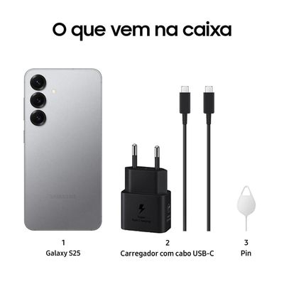 Smartphone Samsung Galaxy S25 5G Prata 256GB, Tela de 6.2", 12GB RAM, AI Inteligência Artificial, IP68, Processador Snapdragon 8 Elite e Câmera Tripla