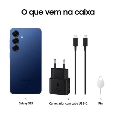 Smartphone Samsung Galaxy S25 5G, Azul Marinho 256GB, Tela de 6.2", 12GB RAM, AI Inteligência Artificial, IP68, Snapdragon 8 Elite e Câmera Tripla