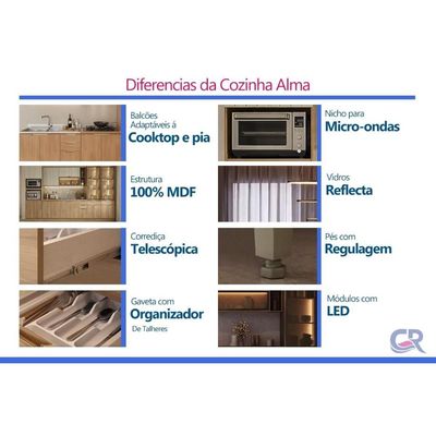 Paneleiro Cozinha Carraro Alma 3Pt 1Gav c/Vid Led 60cm Cedro