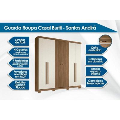 Guarda Roupa Casal 6Ptas c/Pés Buriti Areia S. Andirá