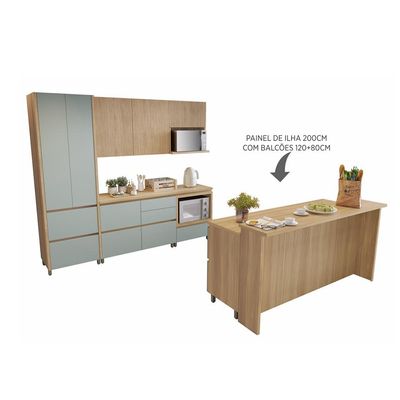 Cozinha Completa Rainha com Ilha 100% MDF 8 Portas 12 Gavetas Verde e Nature