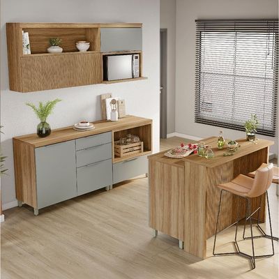Cozinha Completa Marquesa II com Ilha 100% MDF 4 Portas 7 Gavetas Verde e Nature