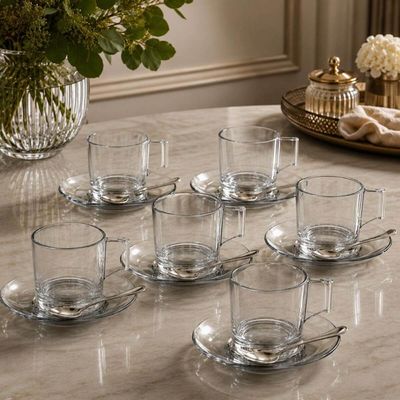 Jogo 12 Xícaras com Pires para Chá Café 185ml Vidro Transparente LHermitage Mesa Posta Cafeteria