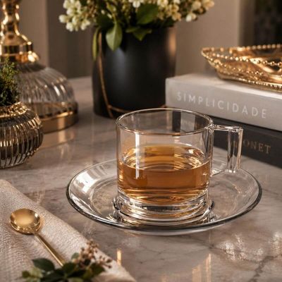 Jogo 12 Xícaras com Pires para Chá Café 185ml Vidro Transparente LHermitage Mesa Posta Cafeteria