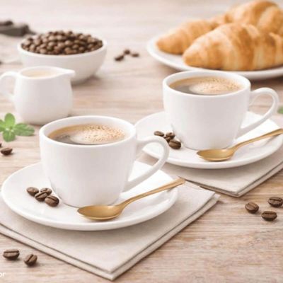 Jogo 6 Xícaras de Café 100ml com Pires Porcelana Branca Clean Chá Mesa Posta Servir