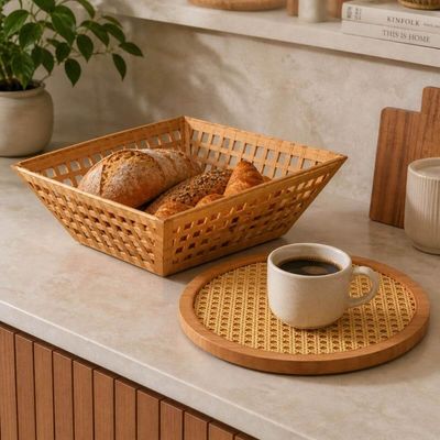 Jogo Tábua de Frios Giratória 30cm e Fruteira 28,5cm Bambu Cesto de Mesa Cozinha